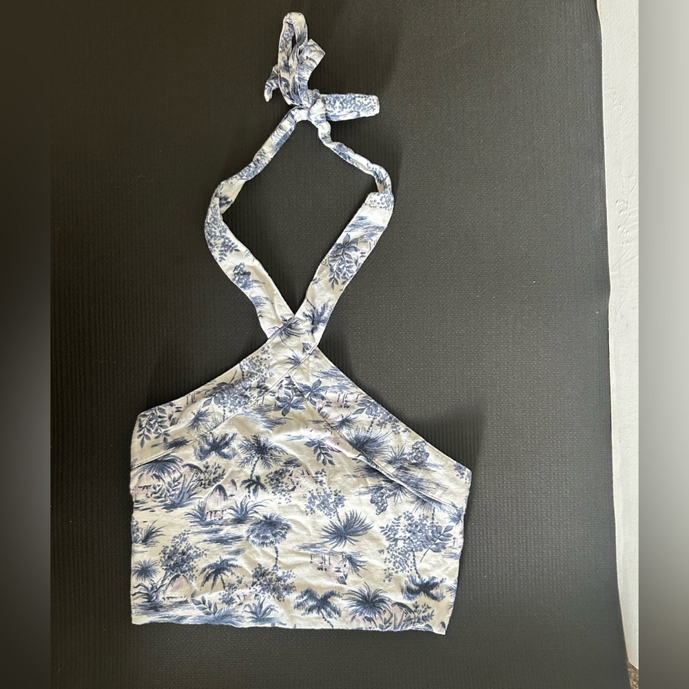 Abercrombie & Fitch White/Blue Linen Cinched Back Halter Crop Top size Small - Picture 2 of 7